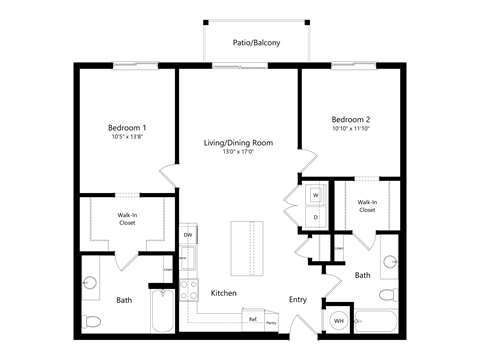 Floor plan for 2 beds, 2 baths, 1080 sqft